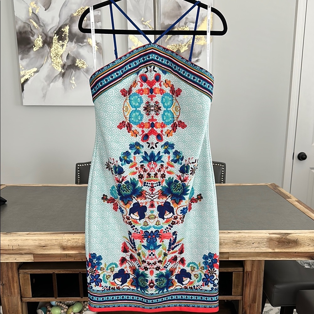 Bisou Bisou Strapless Dress with Blue and Red Floral Pattern